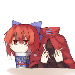 Rule 34 | 1girl, :/, bags under eyes, bow, cape, chopsticks, cloak, cup, cup ramen, disembodied head, expressionless, food, hair between eyes, hair bow, long sleeves, mundane utility, noodles, red eyes, red hair, sekibanki, sh (shinh), short hair, simple background, sketch, solo, touhou, white background