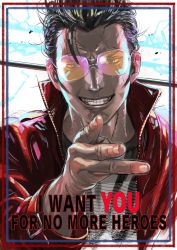 Rule 34 | 1boy, black hair, blue eyes, copyright name, grin, highres, jacket, kozaki yuusuke, looking at viewer, male focus, no more heroes, red jacket, simple background, smile, solo, sunglasses, travis touchdown, upper body, white background