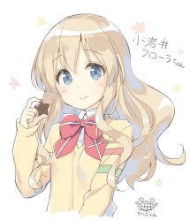 Rule 34 | 1girl, blonde hair, blue eyes, blush, bow, bowtie, character name, character request, chocolate, closed mouth, collared shirt, commentary request, copyright request, dated, holding, kani biimu, long hair, long sleeves, looking at viewer, red bow, red bowtie, shirt, smile, solo, sweater, upper body, wing collar, yellow sweater
