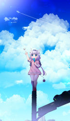 Rule 34 | 1girl, blue sky, blunt bangs, bug, butterfly, cloud, cloudy sky, commentary request, dragon girl, dragon horns, dragon tail, dress, hair bobbles, hair ornament, hairband, highres, horns, insect, kanna kamui, kobayashi-san chi no maidragon, long hair, looking away, looking up, low twintails, mary janes, pink dress, pointing, purple eyes, shoes, short sleeves, sidelocks, sky, solo, standing, suou sakura, tail, thighhighs, traffic light, twintails, utility pole, white hair, white thighhighs, zettai ryouiki
