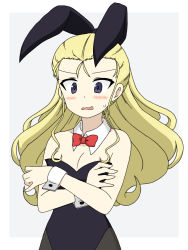 Rule 34 | 1girl, alternate costume, animal ears, assam (girls und panzer), black leotard, black pantyhose, black ribbon, blonde hair, blue eyes, blush, border, bow, bowtie, breasts, collar, commentary, covering privates, covering breasts, detached collar, fake animal ears, frown, girls und panzer, grey background, hair pulled back, hair ribbon, highres, ichinose jun, leotard, long hair, looking at viewer, medium breasts, open mouth, outside border, pantyhose, playboy bunny, rabbit ears, red bow, red bowtie, ribbon, solo, strapless, strapless leotard, sweatdrop, upper body, white border, white collar, wing collar, wrist cuffs