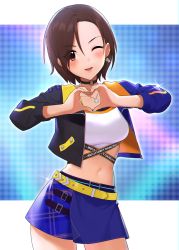 Rule 34 | 1girl, ;d, absurdres, asymmetrical clothes, belt, black choker, blue skirt, blush, breasts, brown eyes, brown hair, choker, collarbone, contrapposto, crop top, earrings, hair between eyes, highres, idolmaster, idolmaster cinderella girls, jacket, jewelry, looking at viewer, medium breasts, miniskirt, mizuki seira, necklace, onao, one eye closed, open clothes, open jacket, open mouth, short hair, skirt, smile, solo, sparkle, upper body, yellow belt