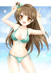 Rule 34 | 10s, 1girl, bikini, blush, bow, breasts, brown eyes, brown hair, cameltoe, cleavage, double v, front-tie top, green bikini, groin, hair bow, long hair, looking at viewer, love live!, love live! school idol project, minami kotori, navel, nikoo, no nose, ocean, open mouth, side-tie bikini bottom, smile, solo, strap gap, swimsuit, v, water