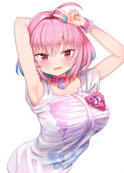 Rule 34 | 1girl, ahoge, arm behind head, armpits, arms up, blue hair, blush, bob cut, collar, commentary, fang, frown, hair intakes, hand on own head, heart-shaped lock, heart collar, heart on chest, idolmaster, idolmaster cinderella girls, jewelry, kemu (guruguru dan), leaning forward, looking at viewer, multicolored hair, open mouth, pink collar, pink eyes, pink hair, pink wristband, print shirt, ring, shirt, short hair, simple background, skeleton print, solo, standing, t-shirt, two-tone hair, upper body, v, wavy mouth, white background, white shirt, yumemi riamu