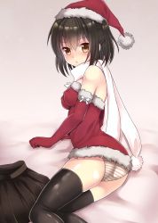 Rule 34 | 10s, 1girl, bad id, bad pixiv id, bare shoulders, breasts, brown eyes, brown hair, elbow gloves, gloves, kantai collection, panties, santa costume, sendai (kancolle), short hair, small breasts, smile, solo, striped clothes, striped panties, thighhighs, two side up, underwear, yuzuttan
