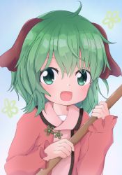 Rule 34 | 1girl, :d, absurdres, animal ears, chinoru, commentary request, dog ears, dress, fang, green eyes, green hair, highres, kasodani kyouko, long sleeves, open mouth, pink dress, short hair, smile, stick, touhou, upper body