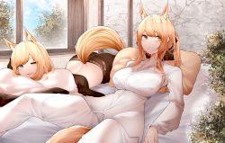 Rule 34 | 2girls, ;d, absurdres, animal ears, arknights, ass, aunt and niece, blemishine (arknights), blonde hair, blue eyes, blue sky, breasts, commentary, highres, horse ears, indoors, large breasts, long sleeves, lying, multiple girls, on back, on stomach, one eye closed, open mouth, pants, pillow, ponytail, samip, shirt, sky, smile, swept bangs, tail, whislash (arknights), white pants, white shirt, window, yellow eyes