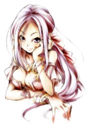 Rule 34 | 1girl, arm support, bare shoulders, blue eyes, bow, bracelet, breasts, head rest, cleavage, corset, dragon quest, dragon quest ix, earrings, hair bow, hoop earrings, jewelry, level-5, long hair, lots of jewelry, marumari shia, ruida, smile, solo