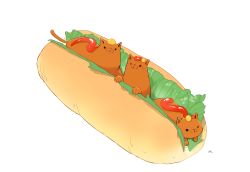 Rule 34 | artist name, bread, cat, chai (drawingchisanne), commentary request, food, food focus, highres, hot dog, ketchup, lettuce, mustard, no humans, original, simple background, sitting on food, white background