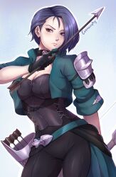 Rule 34 | 1girl, absurdres, armor, arrow (projectile), artist name, asymmetrical hair, belt, black choker, black gloves, bodice, bow (weapon), breasts, choker, cleavage, closed mouth, contrapposto, cropped jacket, evomanaphy, fire emblem, fire emblem: three houses, fire emblem heroes, garreg mach monastery uniform, gloves, green belt, green jacket, hand up, highres, holding, holding arrow, holding bow (weapon), holding weapon, jacket, looking at viewer, medium breasts, nintendo, purple eyes, purple hair, quiver, shamir nevrand, short hair, short sleeves, shoulder armor, simple background, solo, weapon
