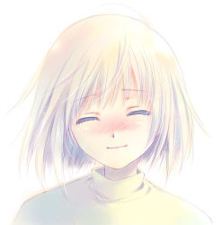Rule 34 | 1girl, blonde hair, blush, closed eyes, closed mouth, eyebrows, head tilt, original, short hair, simple background, smile, solo, sweater, touto seiro, upper body, white background