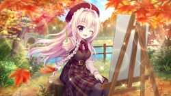 Rule 34 | 1girl, ahoge, arch, autumn leaves, belt, beret, black pantyhose, blue eyes, blue sky, blurry, blurry foreground, bow, braid, breasts, bridge, brown belt, crown braid, day, dot nose, easel, fence, film grain, game cg, hair bow, hand on lap, hat, holding, holding pencil, izumi tsubasu, lens flare, long braid, long sleeves, looking at viewer, medium breasts, mole, mole under each eye, mole under eye, multiple moles, non-web source, official art, one eye closed, open mouth, outdoors, pantyhose, pencil, plaid, plaid skirt, re:stage!, red bow, red hat, river, shiratori amaha (re:stage!), single braid, sitting, sitting on tree stump, skirt, sky, smile, solo, sparkle, tree, tree stump, underbust, white bow, wooden fence