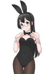 Rule 34 | 1girl, animal ears, black bow, black bowtie, black leotard, black pantyhose, bow, bowtie, breasts, covered navel, detached collar, fake animal ears, geometrie, glasses, green eyes, highres, kantai collection, leotard, long hair, ooyodo (kancolle), pantyhose, playboy bunny, rabbit ears, semi-rimless eyewear, simple background, small breasts, solo, strapless, strapless leotard, under-rim eyewear, white background, wrist cuffs
