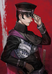 Rule 34 | 1boy, atlus, belt, black hair, cape, devil summoner, from side, gakuran, hand on own hip, hat, hilt, holding, holding clothes, holding hat, hungry clicker, kuzunoha raidou, light smile, looking at viewer, peaked cap, red background, school uniform, sega, shin megami tensei, sideburns, solo, upper body