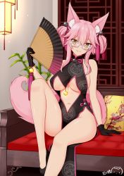 Rule 34 | 1girl, animal ears, arm at side, bare arms, bare legs, bare shoulders, black dress, black footwear, black gloves, blush, breasts, center opening, china dress, chinese clothes, closed mouth, commentary request, commission, couch, dated, double bun, dress, fang, fang out, fate/grand order, fate (series), folding fan, fox ears, fox girl, fox tail, glasses, gloves, hair between eyes, hair bun, hair ribbon, hand fan, head tilt, holding, holding fan, indoors, koyanskaya (chinese lostbelt outfit) (fate), koyanskaya (fate), lantern, large breasts, long hair, navel, on couch, pelvic curtain, pillow, pink hair, pink ribbon, plant, potted plant, ppshex, ribbon, shoes, sidelocks, signature, sitting, sleeveless, sleeveless dress, smile, solo, tail, tamamo (fate), underboob, white-framed eyewear, window, yellow eyes