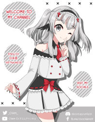 Rule 34 | 1girl, absurdres, black legwear, bow, bowtie, buttons, chiem, chiem (vtuber), double-breasted, english text, eyelashes, fingernails, frilled skirt, frills, grey eyes, headband, highres, indie virtual youtuber, medium hair, nail polish, necktie, pink nails, red neckwear, silver hair, skirt, solo, twitter username, two side up, virtual youtuber, white background, wings
