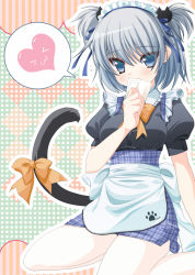 Rule 34 | &gt; &lt;, 1girl, :3, animal ears, apron, bad id, bad pixiv id, blue eyes, cat ears, cat hair ornament, cat tail, closed eyes, hair ornament, hair ribbon, heart, highres, kazushima, looking at viewer, maid, maid apron, maid headdress, original, paw print, plaid, ribbon, silver hair, solo, tail, tail ornament, tail ribbon, twintails, two side up