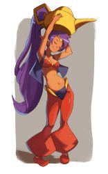 Rule 34 | 1girl, arabian clothes, armpits, arms up, bandeau, breasts, carrying overhead, cleavage, closed eyes, contrapposto, dancing, dark-skinned female, dark skin, harem outfit, harem pants, high ponytail, highres, holding, long hair, midriff, navel, object on head, oil lamp, oversized object, pants, pointy ears, pointy footwear, ponytail, purple hair, shantae, shantae (series), shantae and the pirate&#039;s curse, shoes, smile, solo, standing, tiara, very long hair, vest, vins-mousseux