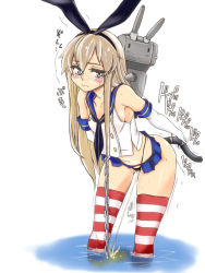 Rule 34 | 10s, 1girl, bent over, black panties, blue eyes, blush, brown hair, chain, elbow gloves, gloves, hairband, kantai collection, long hair, navel, ozawa reido, panties, partially submerged, pee, peeing, personification, rensouhou-chan, shimakaze (kancolle), skirt, solo, striped clothes, striped thighhighs, thighhighs, trembling, underwear, wading, water