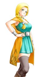 Rule 34 | 1girl, belt, bianca (dq5), blonde hair, blue eyes, boots, bracelet, braid, breasts, brown footwear, brown thighhighs, cape, cleavage, closed mouth, commentary request, cowboy shot, dragon quest, dragon quest heroes, dragon quest v, dress, earrings, green dress, hair over shoulder, hand on own hip, highres, jewelry, knee boots, large breasts, long hair, looking at viewer, low-tied long hair, neck ring, orange cape, single braid, sleeveless, sleeveless dress, smile, solo, standing, swept bangs, thighhighs, white background, x chitch, zettai ryouiki