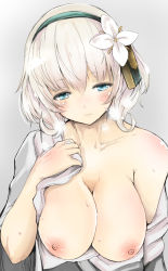 Rule 34 | 1girl, blue eyes, breasts, female focus, flower, hair flower, hair ornament, hairband, haruyuki, heavy breathing, large breasts, nipples, off shoulder, open clothes, oshiro project:re, simple background, solo, white hair