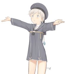Rule 34 | 10s, 1girl, anchor, artist name, blue eyes, blush, bust measuring, character name, clothes writing, cowboy shot, dated, dress, flat chest, grey hair, hat, kantai collection, kawashina (momen silicon), long sleeves, looking to the side, measuring, outstretched arms, parted lips, sailor dress, sailor hat, short dress, short hair, simple background, solo, spread arms, tape measure, white background, z1 leberecht maass (kancolle)