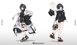 Rule 34 | 1girl, absurdres, alternate costume, arknights, balloon, black hair, black shirt, black shorts, coat, dolphin shorts, feather hair, fur-trimmed coat, fur-trimmed jacket, fur trim, grey eyes, highres, holding, holding phone, jacket, kasasasagi, la pluma (arknights), looking at viewer, looking back, multicolored coat, multiple views, open clothes, phone, shirt, shorts, signature, sleeveless, sleeveless shirt, solo, thigh strap, toeless footwear, white background