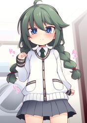 Rule 34 | 1girl, ahoge, blue eyes, blush, braid, cardigan, closed mouth, collared shirt, commission, green hair, green necktie, grey skirt, hair between eyes, hand up, indoors, long hair, long sleeves, low twintails, necktie, pleated skirt, princess connect!, puffy long sleeves, puffy sleeves, reku, shirt, skeb commission, skirt, sleeves past wrists, smile, solo, standing, sweat, twin braids, twintails, washing machine, white cardigan, white shirt, yuni (princess connect!), yuni (real) (princess connect!)
