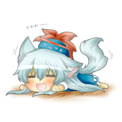 Rule 34 | 1girl, :3, = =, animal ears, bad id, bad pixiv id, blue dress, blush, chibi, dog ears, dog tail, dress, expressive clothes, closed eyes, fang, female focus, hat, kamishirasawa keine, kemonomimi mode, lying, on stomach, open mouth, rebecca (keinelove), silver hair, solo, tail, touhou