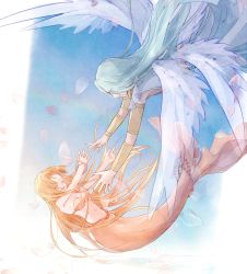 Rule 34 | 1girl, angel, angel wings, armband, blush, bra, bracelet, breasts, cherry blossoms, closed eyes, dorara9002, falling, falling petals, fins, fish tail, floating hair, green hair, hands up, highres, hime cut, hug, jewelry, long hair, mermaid, mermaid melody pichi pichi pitch, mikeru (mermaid melody pichi pichi pitch), monster girl, necklace, non-web source, orange hair, pearl bracelet, petals, rainbow, rescue, seira (mermaid melody pichi pichi pitch), shell, sky, small breasts, smile, tail, underwear, wings