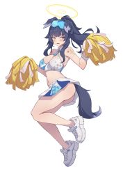Rule 34 | 1girl, absurdres, animal ears, ass, bare arms, bare legs, bare shoulders, black hair, blue archive, blue eyes, blush, breasts, cheerleader, cleavage, crop top, dog ears, dog girl, dog tail, eyewear on head, full body, goggles, goggles on head, halo, hibiki (blue archive), hibiki (cheer squad) (blue archive), highres, long hair, looking at viewer, medium breasts, millennium cheerleader outfit (blue archive), navel, pom pom (cheerleading), shoes, skirt, sneakers, solo, sticker on arm, tail, whitek