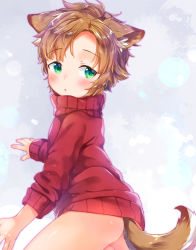Rule 34 | 1boy, :o, animal ears, arm support, bad id, bad pixiv id, blue background, blush, brown hair, child, commentary request, fox ears, fox tail, from behind, green eyes, long sleeves, looking at viewer, looking back, lying, male focus, mutou mato, naked sweater, on side, original, parted lips, red sweater, solo, sweater, tail, turtleneck, turtleneck sweater