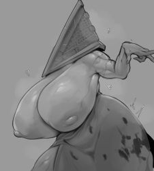 Rule 34 | 1girl, absurdres, blood, blood on clothes, breasts, female focus, genderswap, genderswap (mtf), heart, highres, huge nipples, large areolae, large breasts, looking at viewer, monochrome, muscular, muscular female, nipples, pyramid head, silent hill, sirevisconde, solo, topless