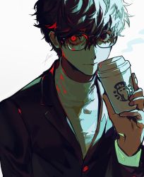 Rule 34 | 1boy, amamiya ren, black eyes, black hair, black jacket, btmr game, coffee cup, cup, disposable cup, glasses, hair between eyes, holding, holding cup, jacket, long sleeves, looking at viewer, male focus, messy hair, persona, persona 5, red eyes, shirt, short hair, signature, solo, starbucks, suit jacket, turtleneck, upper body, white background, white shirt