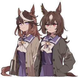 Rule 34 | 2girls, animal ears, book, bow, bowtie, brown coat, brown hair, coat, commentary request, frown, green coat, hand in own hair, holding, holding book, horse ears, horse girl, long hair, looking at another, looking at viewer, multicolored hair, multiple girls, pink eyes, purple shirt, purple skirt, ree (re-19), sailor collar, school uniform, shirt, simple background, sirius symboli (umamusume), skirt, smile, symboli rudolf (umamusume), tracen school uniform, umamusume, upper body, white background, white bow, white bowtie