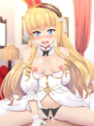 Rule 34 | 1girl, azur lane, blonde hair, blue hair, blurry, blurry background, blush, breasts, censored, clothed sex, commentary request, cowgirl position, crotchless, crotchless panties, girl on top, gloves, highres, long hair, looking at viewer, nipples, open mouth, panties, penis, pussy, pussy juice, queen elizabeth (azur lane), queen elizabeth (the queen&#039;s ball) (azur lane), sex, shin&#039;yashiki, small breasts, solo, straddling, underwear
