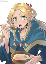 Rule 34 | 1girl, blonde hair, blue capelet, blue robe, bowl, braid, capelet, chikoinochi, choker, dungeon meshi, elf, green eyes, hair ribbon, highres, holding, holding bowl, holding spoon, marcille donato, multiple braids, open mouth, pointy ears, red ribbon, ribbon, robe, simple background, solo, spoon, white background, wooden bowl, wooden spoon