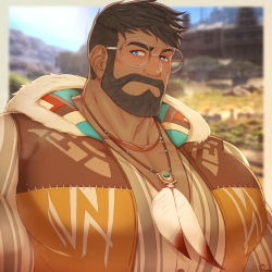 Rule 34 | 1boy, warrior of light (ff14), bara, beard, blue eyes, blurry, blurry background, blush, commission, dark-skinned male, dark skin, facial hair, feather necklace, final fantasy, final fantasy xiv, glasses, highres, hood, hood down, hooded jacket, hyur, jacket, large pectorals, looking at viewer, male focus, mature male, muscular, muscular male, mustache, open clothes, open jacket, pectoral cleavage, pectorals, rapbitan, roegadyn, round eyewear, short hair, smile, solo, thick eyebrows, upper body