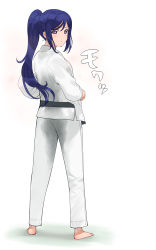 Rule 34 | 1girl, a1 (initial-g), absurdres, barefoot, blue hair, blush, dougi, from behind, full body, highres, karate gi, long hair, long sleeves, looking at viewer, looking back, love live!, love live! sunshine!!, matsuura kanan, ponytail, purple eyes, solo, standing, sweat