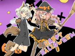 Rule 34 | 2boys, ahoge, animal ears, astolfo (fate), black ribbon, black shorts, bow, braid, broom, couple, dress, fang, fate/apocrypha, fate (series), graveyard, hair ornament, hair ribbon, halloween, halloween costume, hand on headwear, happy halloween, hat, holding, holding broom, jack-o&#039;-lantern, leg up, long braid, long hair, long sleeves, looking at viewer, male focus, moon, multiple boys, night, night sky, omame, pantyhose, pink eyes, pink hair, red eyes, ribbon, shirt, short hair, shorts, sieg (fate), silver hair, single braid, sky, star (sky), star (symbol), starry sky, striped clothes, striped dress, striped legwear, tail, trap, very long hair, waistcoat, white shirt, witch, witch hat, wolf ears, wolf paws, wolf tail, yellow bow