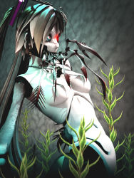Rule 34 | 1girl, 3d, android, antennae, aqua eyes, bone, breasts, calne ca (deino), chain, chelicerae, compound eyes, cowboy shot, creepy, crustacean, deino (deino3330), doll joints, earrings, female focus, glowing, glowing eye, groin, heterochromia, highres, isopod, jewelry, joints, long hair, midriff, necklace, pincers, plant, seaweed, skull necklace, solo, stinger, topless, very long hair, vocaloid
