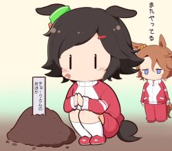 Rule 34 | 2girls, animal ears, black hair, blue eyes, blush stickers, brown background, brown hair, chibi, ears down, gomashio (goma feet), grave, gym shorts, hair between eyes, hair ornament, hairclip, horse ears, horse girl, horse tail, jacket, jitome, kneehighs, long sleeves, multiple girls, narita taishin (umamusume), own hands together, palms together, pants, parted bangs, red footwear, red jacket, red pants, red shorts, shoes, shorts, socks, squatting, standing, swept bangs, tail, tears, track jacket, track pants, track suit, translation request, umamusume, white socks, winning ticket (umamusume), | |