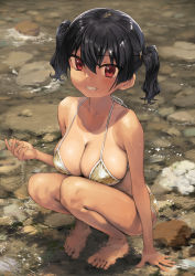 Rule 34 | 1girl, arm support, barefoot, bikini, black hair, blush, breasts, breasts on lap, clenched teeth, collarbone, commentary request, gaki kyonyuu, gold bikini, hair between eyes, highres, kaedeko (kaedelic), large breasts, looking at viewer, one-piece tan, oppai loli, red eyes, revision, sasaki kanna (kaedeko), short hair, smile, solo, squatting, swimsuit, tan, tanline, teeth, toes, twintails, water, wet