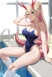 Rule 34 | 1girl, arm up, blonde hair, blush, breasts, cleavage, competition swimsuit, covered navel, dragon girl, dragon horns, dragon tail, green eyes, high ponytail, highres, horns, large breasts, long hair, looking at viewer, one-piece swimsuit, original, parted lips, pointy ears, pool, pool ladder, poolside, prime, sitting, solo, swimsuit, tail, wet