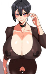 Rule 34 | 1girl, absurdres, alecto 0, black hair, breasts, choker, cleavage, crotchless, ear piercing, earrings, hand up, highres, huge breasts, jewelry, looking at viewer, maebari, original, pasties, piercing, purple eyes, shadow, short hair, smile, solo, tight clothes, white background