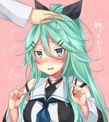 Rule 34 | 10s, 1girl, bare shoulders, black ribbon, blue neckerchief, blush, choker, commentary request, green eyes, green hair, hair between eyes, hair ornament, hair ribbon, hairclip, headpat, kantai collection, neckerchief, nose blush, open mouth, out of frame, pink background, ponytail, ribbon, sailor collar, sk02, solo focus, translation request, upper body, wavy mouth, white choker, yamakaze (kancolle)
