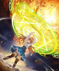Rule 34 | 1girl, blonde hair, breasts, casting spell, company name, copyright notice, debris, fire, floating hair, frills, green eyes, magic, magic circle, official art, ponzu (catponz), shadowverse, shirt, skirt, solo, standing, thigh strap, thighhighs