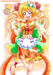 Rule 34 | 1girl, ankle bow, ankle ribbon, apron, back bow, bike shorts, blonde hair, bow, breasts, brooch, chinese clothes, cure yum-yum, dated, delicious party precure, double bun, dragon, drill hair, gloves, hair bun, hanamichi ran, hanzou, heart, heart brooch, high heels, highres, huge bow, jewelry, leg ribbon, magical girl, mem-mem (precure), open mouth, orange skirt, orange vest, plate, precure, red eyes, red shorts, ribbon, shorts, skirt, small breasts, standing, standing on one leg, triple bun, twin drills, twitter username, vest, white gloves, white stripes
