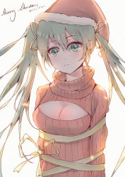 Rule 34 | 10s, 1girl, 2015, bad id, bad pixiv id, bdsm, bondage, bound, breasts, cleavage, cleavage cutout, clothing cutout, green eyes, green hair, hair ribbon, hat, hatsune miku, highres, long hair, matching hair/eyes, medium breasts, meme attire, merry christmas, open-chest sweater, ribbed sweater, ribbon, ribbon bondage, santa hat, slass, solo, sweater, turtleneck, upper body, vocaloid