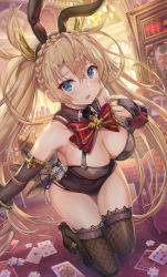 Rule 34 | 1girl, animal ears, bare shoulders, black leotard, black thighhighs, blonde hair, blue eyes, blush, bow, bowtie, bradamante (fate), bradamante (welcome bunny) (fate), braid, breasts, bridal gauntlets, card, casino, cleavage, collarbone, crown braid, detached sleeves, fate/grand order, fate (series), hair between eyes, hair ornament, highres, jewelry, kneeling, large breasts, leotard, long hair, looking at viewer, open mouth, playing card, poker chip, rabbit ears, red bow, red bowtie, ring, slot machine, solo, thighhighs, thighs, torino aqua, twintails, very long hair